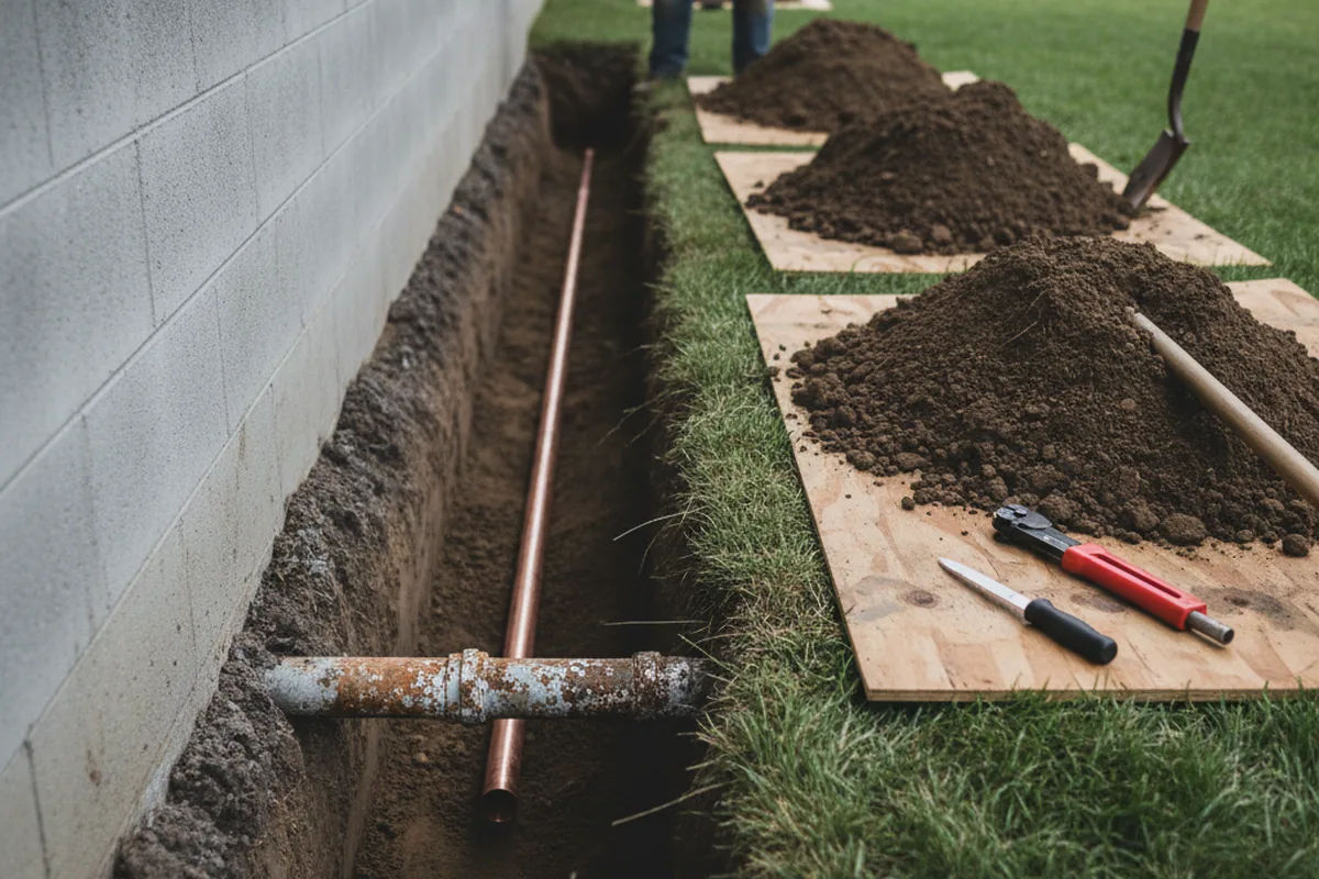 Excavated water line trench during Sewer Line Repair in Feesburg